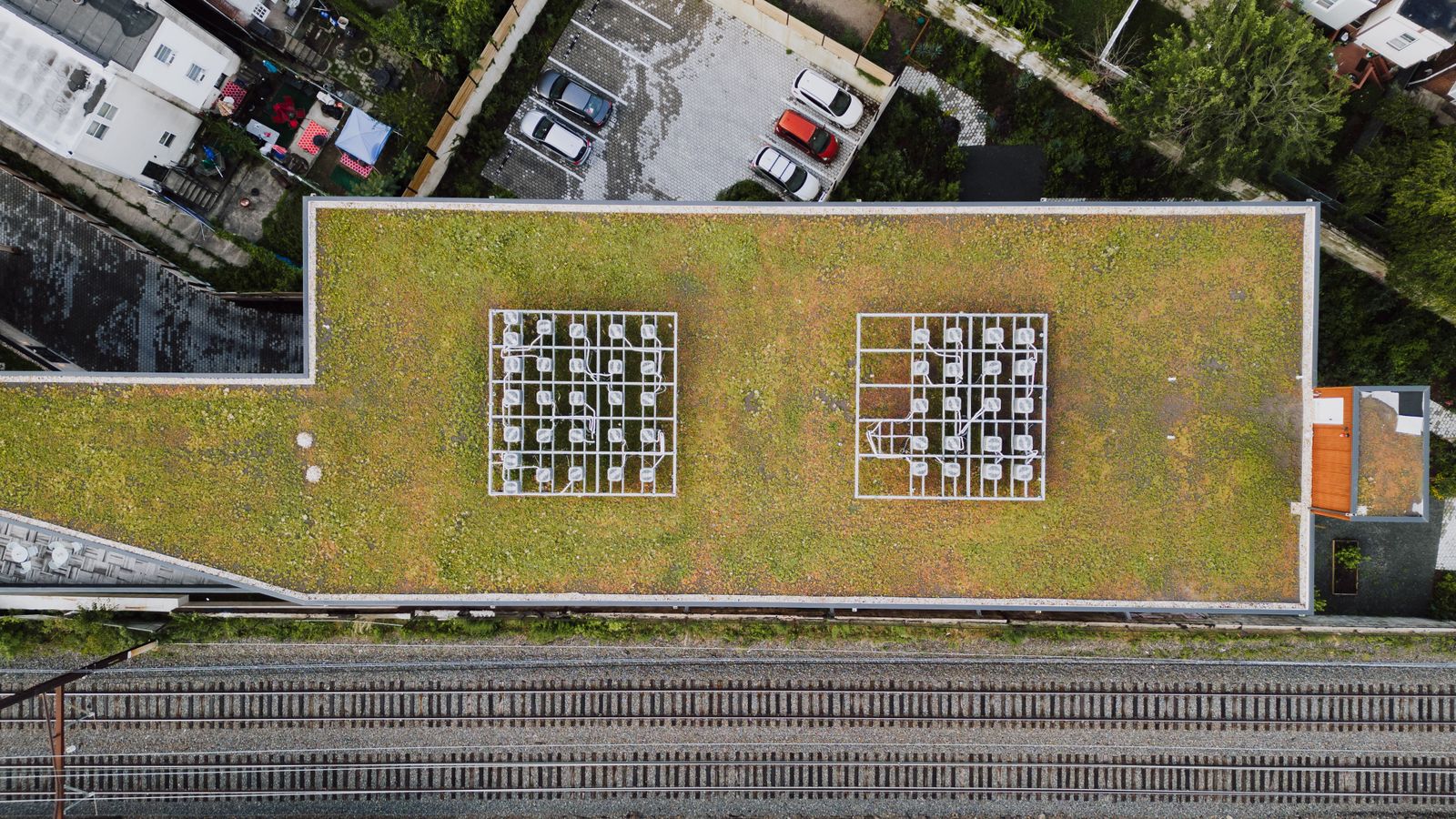 Extensive sedum green roof on a commercial building, seen from above